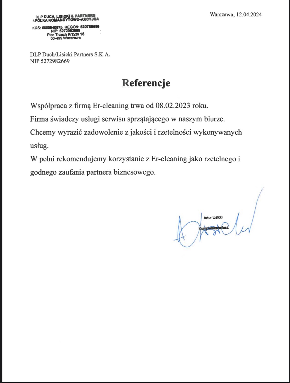 Referencje dla firmy sprzątającej Er-cleaning od DLP Duch/Lisicki Partners S.K.A. z datą 12.04.2024, podpisane przez Artura Lisickiego.