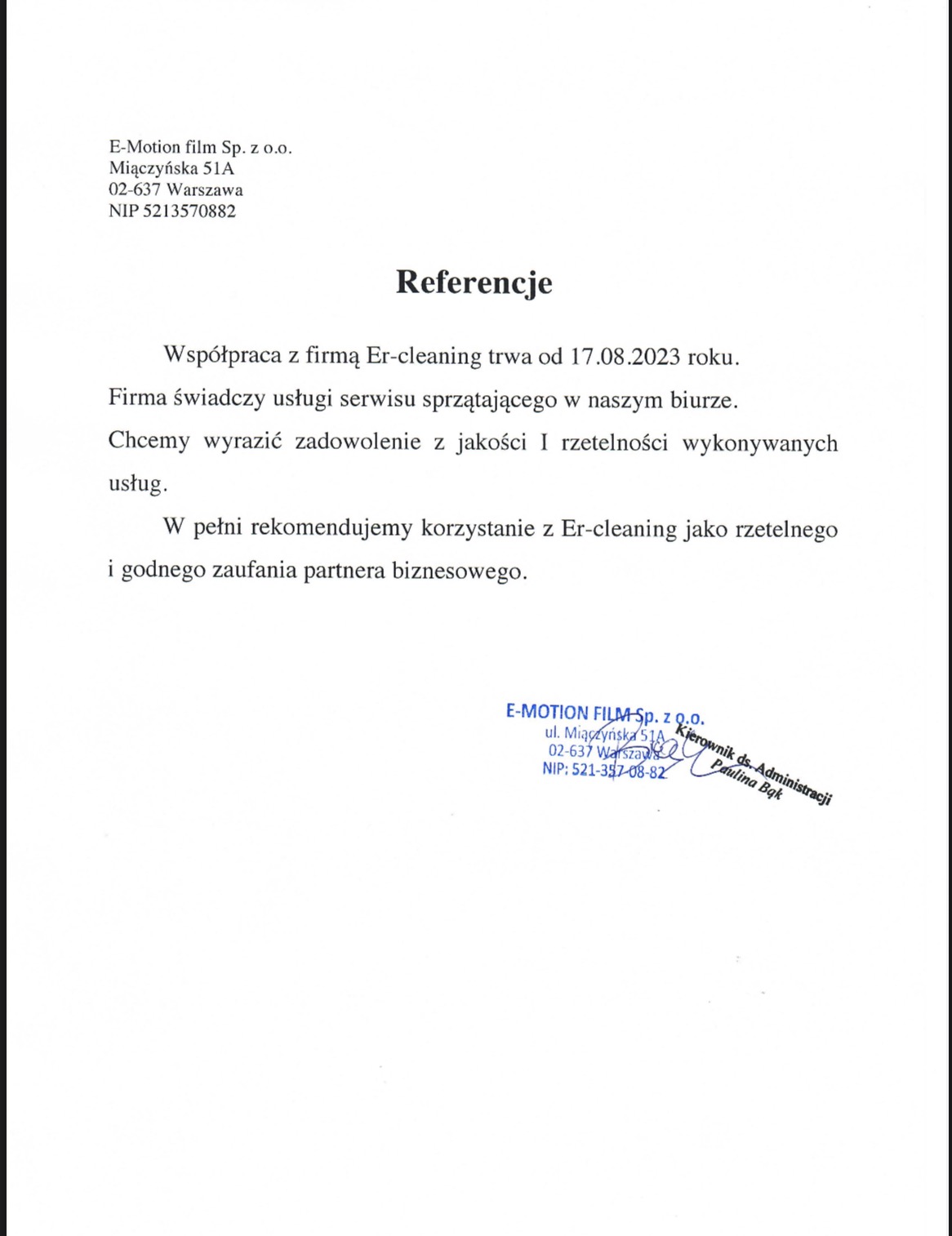 Skan referencji dla firmy Er-cleaning, świadczącej usługi sprzątające w biurze E-Motion film Sp. z o.o. Dokument z datą 17.08.2023, zawiera pozytywną opinię o jakości usług.