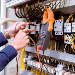 Elektryk w niebieskiej koszuli mierzy napięcie w rozdzielnicy elektrycznej za pomocą miernika cęgowego, widoczne przewody w kolorach żółtym, niebieskim i czarnym.