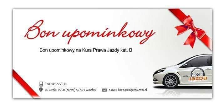 Bon upominkowy na kurs prawa jazdy kategorii B z czerwoną wstążką i zdjęciem samochodu z logo firmy