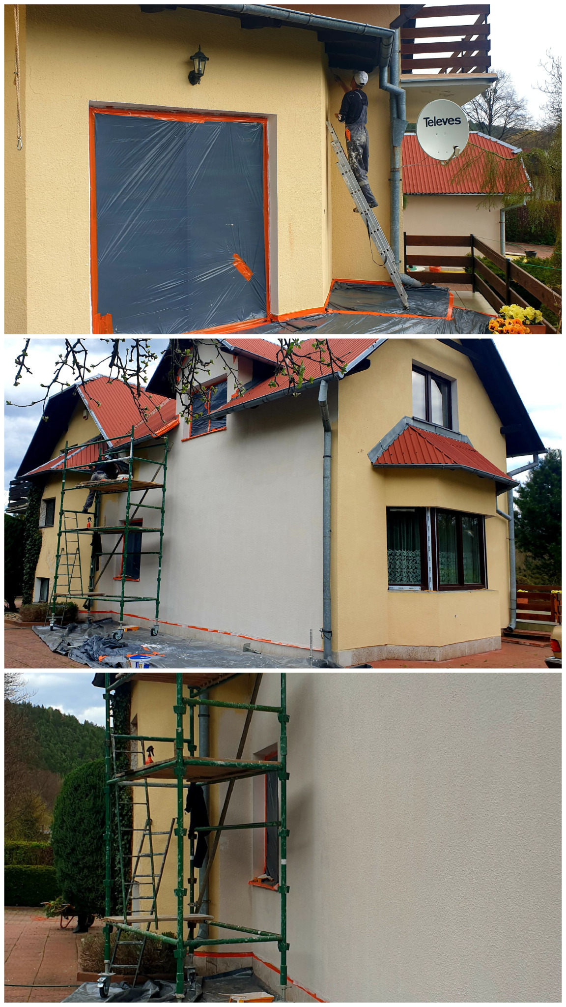 Malowanie elewacji domu jednorodzinnego: pracownik na drabinie maluje fragment ściany, okno zabezpieczone folią, widoczne rusztowanie i przygotowana powierzchnia pod malowanie.