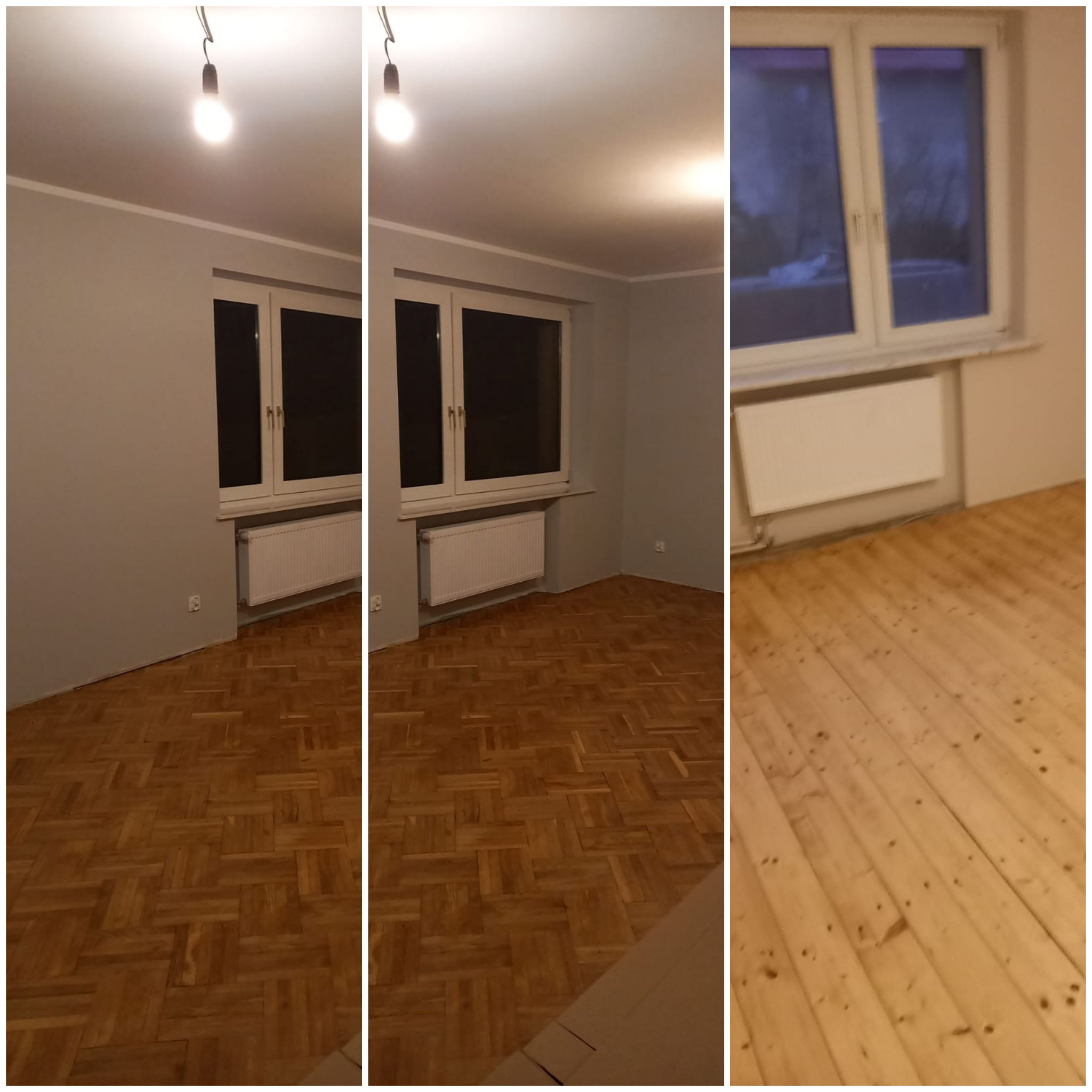 Pusty pokój z szarymi ścianami, parkietem w jodełkę i białym grzejnikiem pod oknem, przygotowany do dalszych prac wykończeniowych.