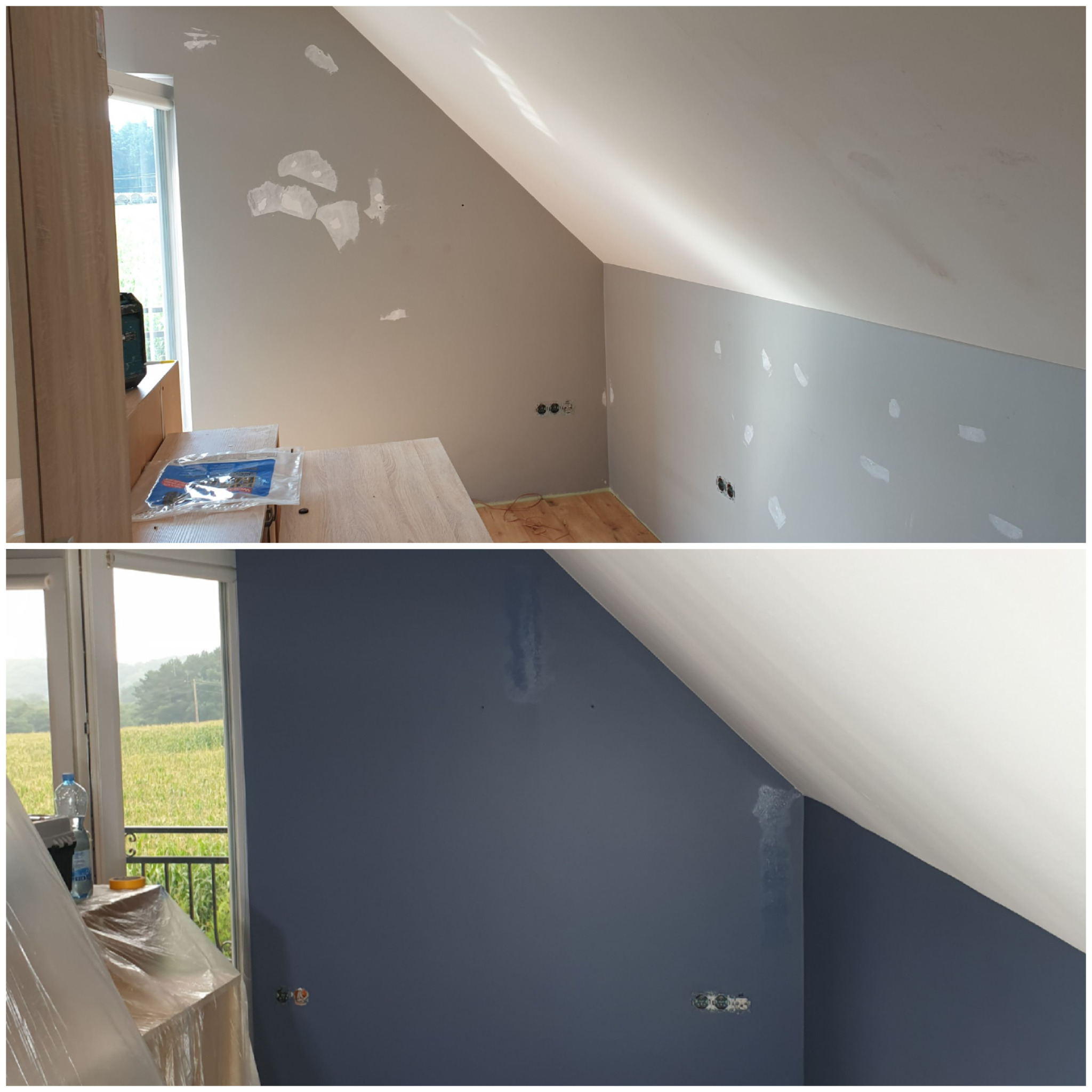 Poddasze w trakcie remontu: górna połowa zdjęcia przedstawia ścianę z naniesioną gładzią, przygotowaną do malowania; dolna połowa pokazuje pomalowaną na granatowo ścianę z widocznymi śladami po...