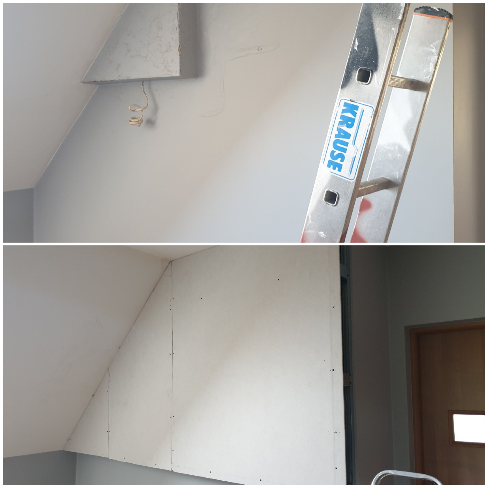 Podwójne ujęcie: górne przedstawia fragment poddasza ze ścianą w odcieniach szarości, widoczne niedoskonałości i wystający przewód, obok drabina Krause; dolne ukazuje ścianę z płyt...