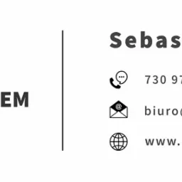 Logo firmy I-Homesystem z ikoną domu w okręgu, nazwa firmy, imię i nazwisko Sebastian Maląg-Pszkit, numer telefonu, adres e-mail oraz strona internetowa.