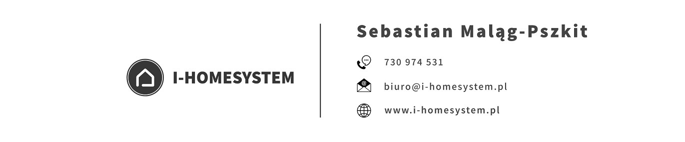Logo firmy I-Homesystem z ikoną domu w okręgu, nazwa firmy, imię i nazwisko Sebastian Maląg-Pszkit, numer telefonu, adres e-mail oraz strona internetowa.