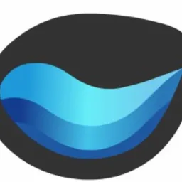 Abstrakcyjne logo przedstawiające stylizowaną falę w odcieniach błękitu, umieszczoną w ciemnoszarym, nieregularnym obrysie na białym tle.