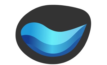 Abstrakcyjne logo przedstawiające stylizowaną falę w odcieniach błękitu, umieszczoną w ciemnoszarym, nieregularnym obrysie na białym tle.