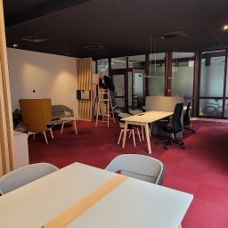 Premium Bud - Pracownik na drabinie w biurze z ciemnym sufitem, czerwonym dywanem i jasnymi meblami, prawdopodobnie podczas prac wykończeniowych lub drobnych napraw.