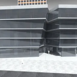 Wizualizacja 3D nowoczesnego budynku biurowego z fasadą ze szkła i betonu, z widocznymi sylwetkami ludzi wewnątrz i na zewnątrz, otoczonego innymi budynkami.