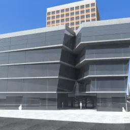 Wizualizacja nowoczesnego budynku usługowego z przeszkloną fasadą i charakterystycznym uskokowym układem kondygnacji, otoczonego innymi budynkami i postaciami ludzkimi.