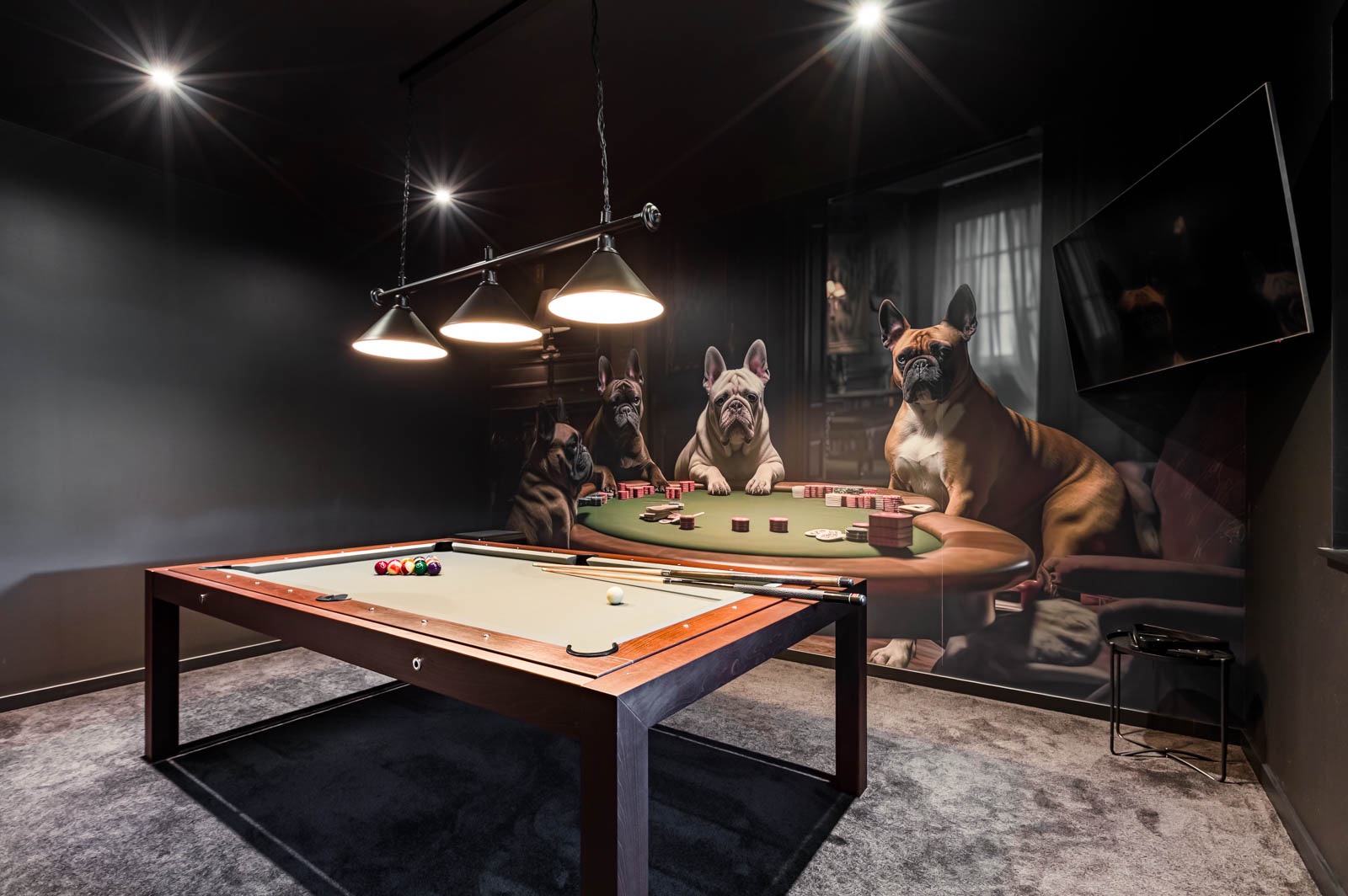 fotografia nieruchomości zdjęcie pokoju do gier z czarnymi ścianami