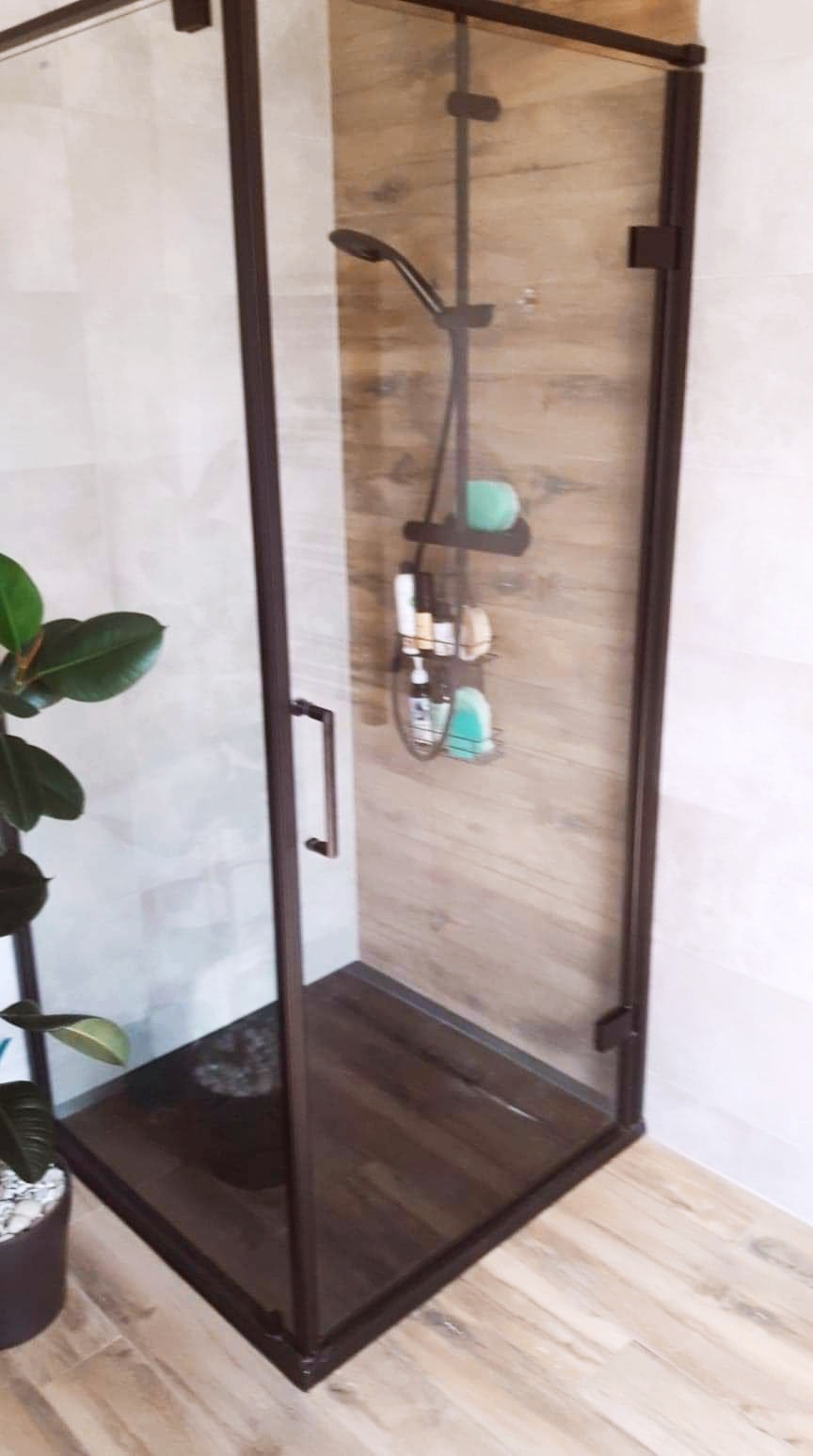 Nowoczesna kabina prysznicowa z ciemnobrązowymi profilami, drewnopodobna ściana prysznicowa, widoczny dozownik na kosmetyki i roślina doniczkowa obok.