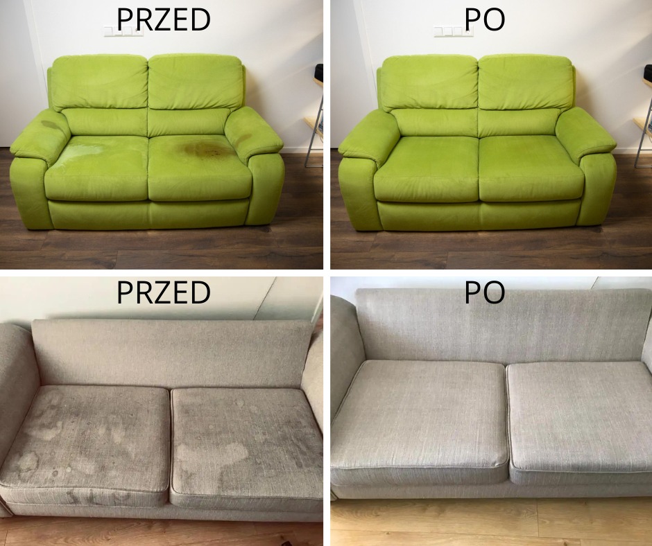 Zestawienie dwóch sof przed i po czyszczeniu: jasnozielona sofa z widocznymi plamami oraz ta sama sofa po usunięciu zabrudzeń, a także szara sofa z plamami i ta sama sofa po czyszczeniu, ukazująca...
