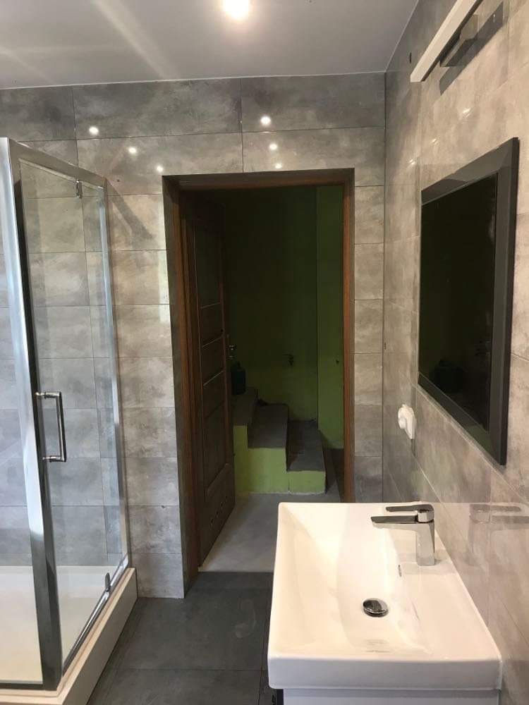 Umywalka z baterią, kabina prysznicowa i otwarte drzwi do pomieszczenia z zielonymi ścianami i schodami w łazience wykończonej szarymi płytkami.