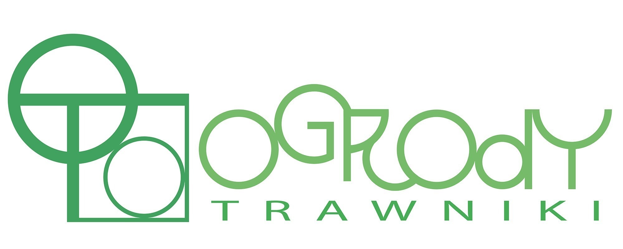 Zielone logo firmy ogrodniczej z napisem 'Ogrody Trawniki' w nowoczesnym stylu graficznym.