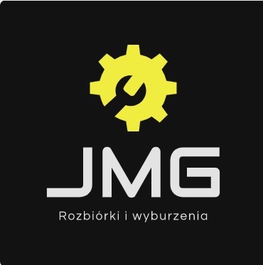 Logo firmy JMG na czarnym tle. Grafika przedstawia żółte koło zębate z kluczem płaskim w środku, pod nim biały napis 'JMG' oraz mniejszy napis 'Rozbiórki i wyburzenia'.