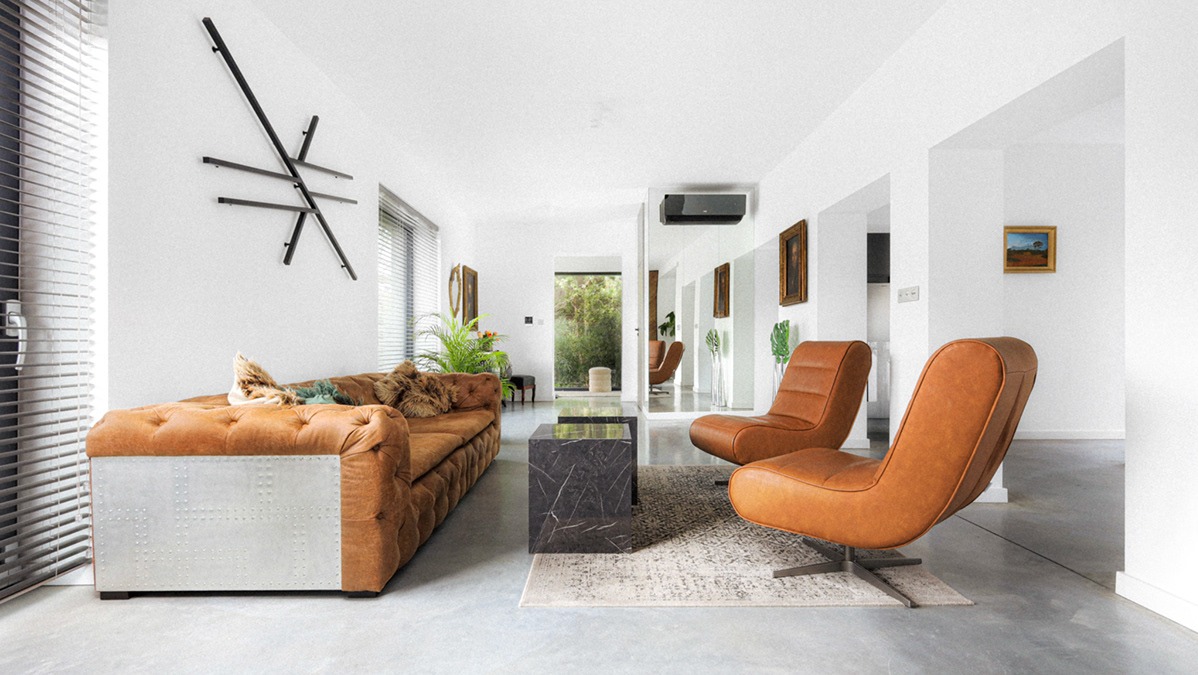 Jasne wnętrze z brązową skórzaną sofą z metalowym wykończeniem, nowoczesnymi fotelami, marmurowym stolikiem i minimalistyczną dekoracją ścienną.