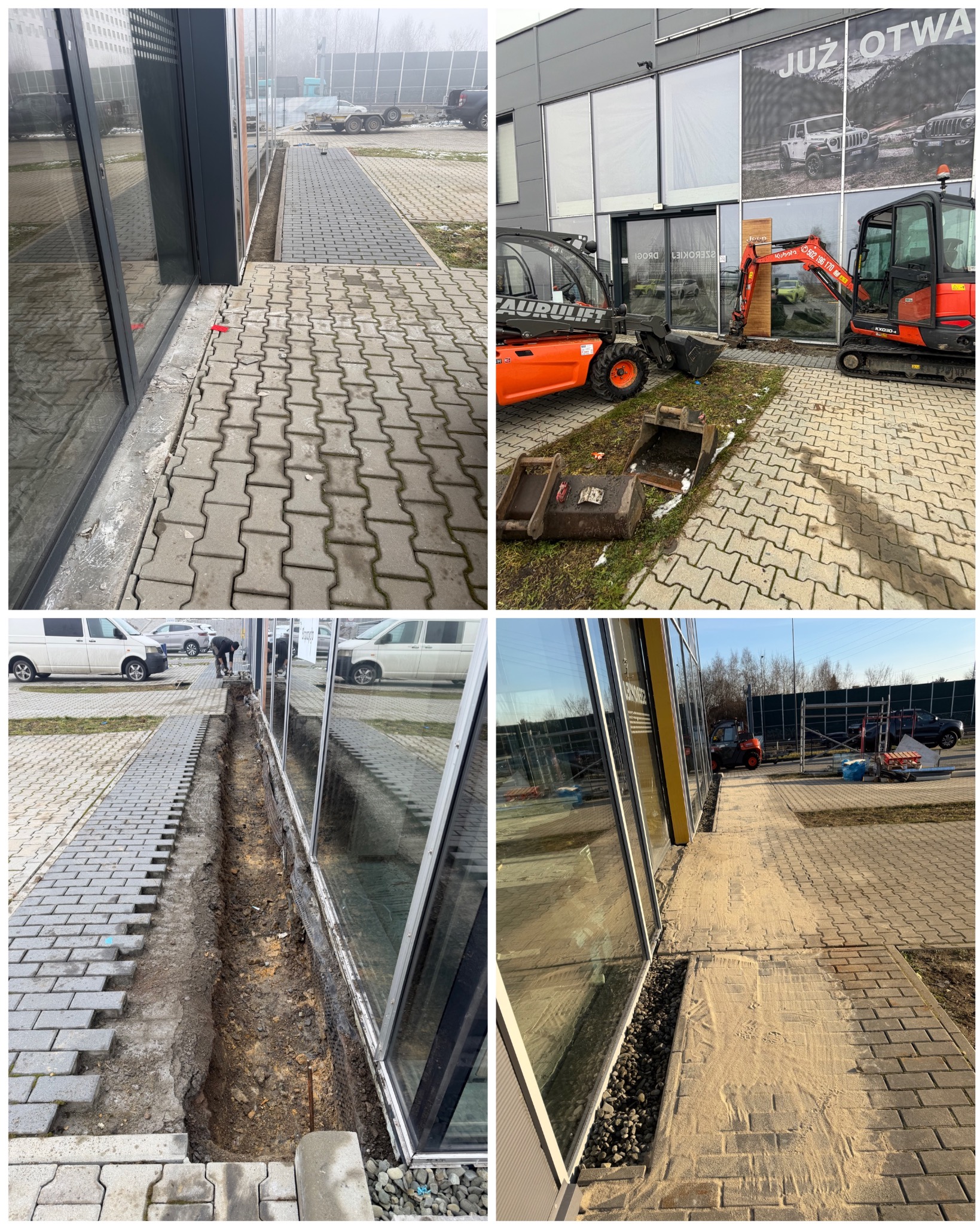 Układanie kostki brukowej przy budynku z użyciem mini koparki i podnośnika. Widoczny wykop, ułożona kostka i piasek. Prace ziemne przy obiekcie komercyjnym.