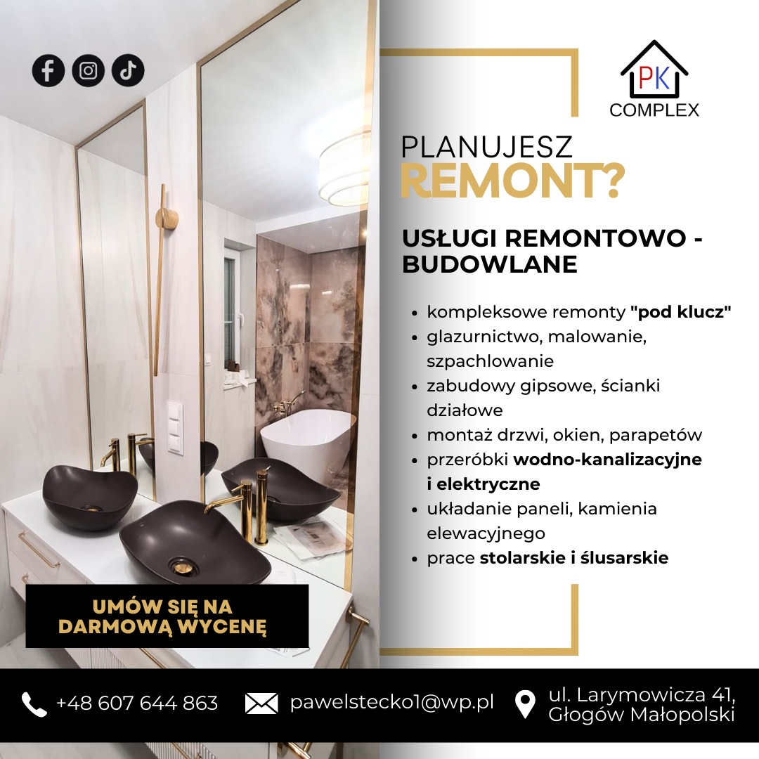 Elegancka łazienka po remoncie z czarnymi umywalkami i złotymi detalami, widoczna w lustrze. Reklama usług remontowych 'pod klucz'.