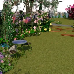 Wizualizacja ogrodu z metalową pergolą porośniętą kwitnącymi pnączami, zielonym trawnikiem i małym stolikiem ogrodowym z krzesłami.