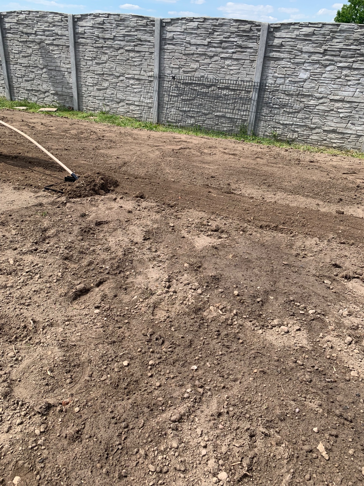 Przygotowanie gleby pod trawnik lub ogród: wyrównywanie ziemi za pomocą motyki na tle betonowego ogrodzenia.