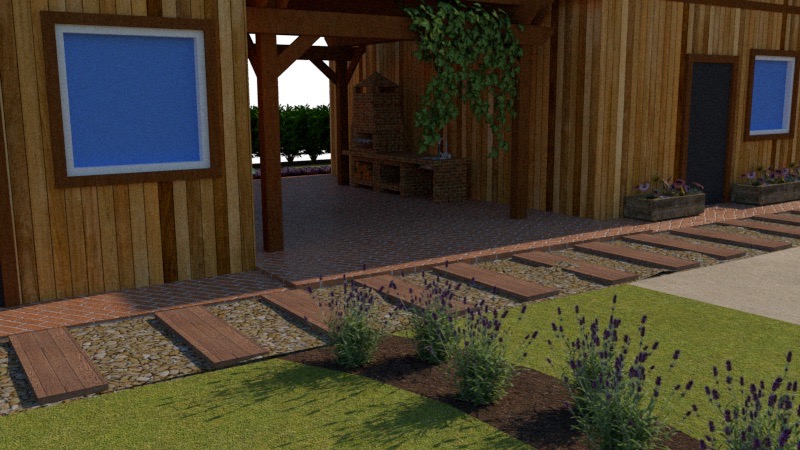 Wizualizacja ogrodu z drewnianą zabudową, ceglaną ścieżką i kwitnącą lawendą. Widoczny zadaszony taras z grillem.