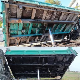 Dwie fotografie przedstawiające wnętrze wywrotki: górne zdjęcie ukazuje skorodowaną, zużytą powierzchnię, dolne zdjęcie prezentuje odnowioną, pomalowaną na czarno skrzynię wywrotki z widocznymi...