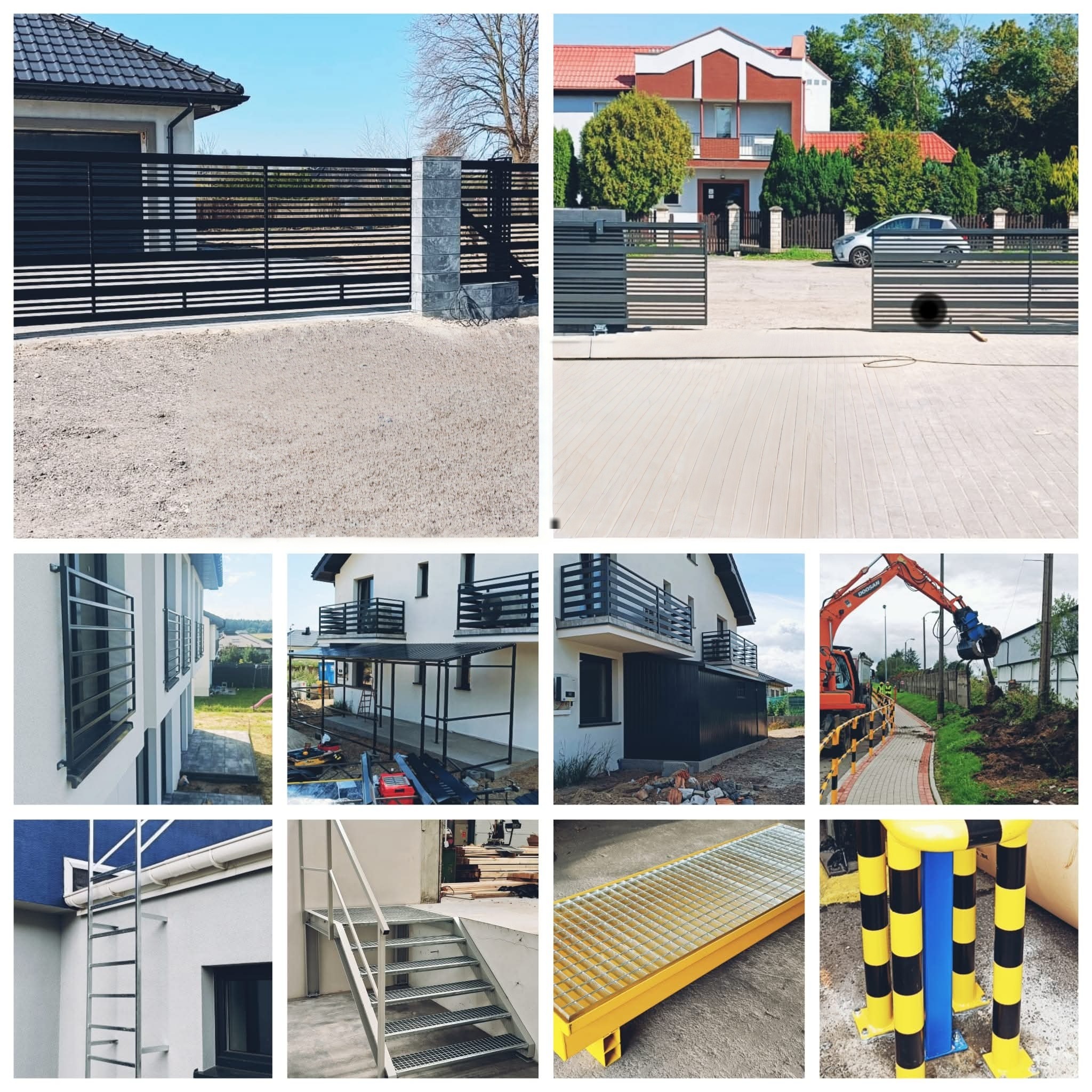 Kompozycja zdjęć prezentuje różnorodne konstrukcje metalowe: ogrodzenia posesji, balustrady balkonowe, schody, drabiny i zabezpieczenia, ukazując szeroki zakres usług.