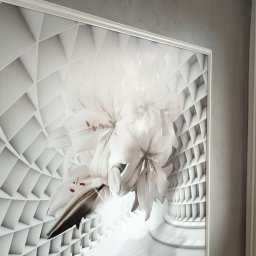 VPBud - Fototapeta z motywem białych lilii i geometrycznym tunelem na szarej ścianie z fakturą.