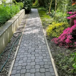 Szary chodnik z kostki brukowej prowadzący przez zadbany ogród z kwitnącymi azaliami i trawami ozdobnymi, z widocznym wężem ogrodowym wzdłuż murku.