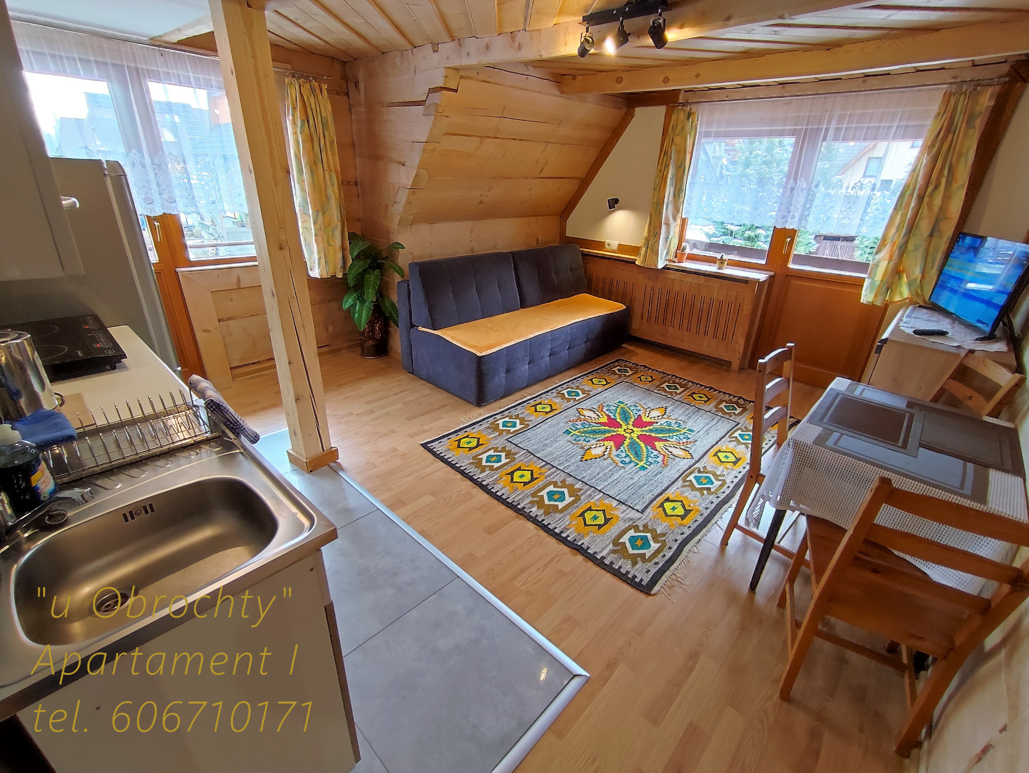 Wnętrze drewnianego apartamentu z aneksem kuchennym, sofą, dywanem w etniczne wzory i stołem z krzesłami.