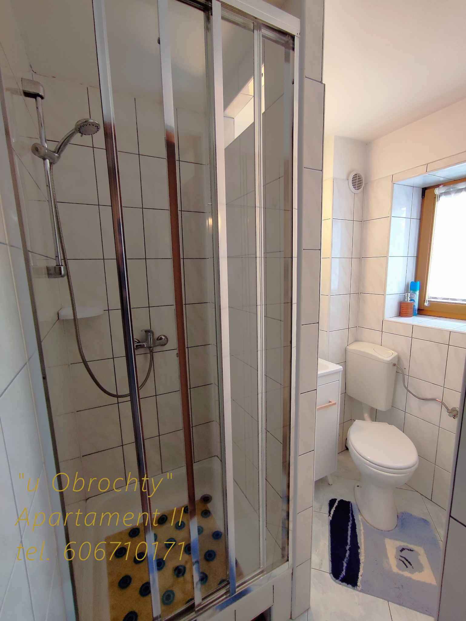 Łazienka z kabiną prysznicową z przesuwnymi drzwiami, toaletą i małą szafką pod umywalką, widoczne napisy na szybie kabiny prysznicowej i dywanik łazienkowy.