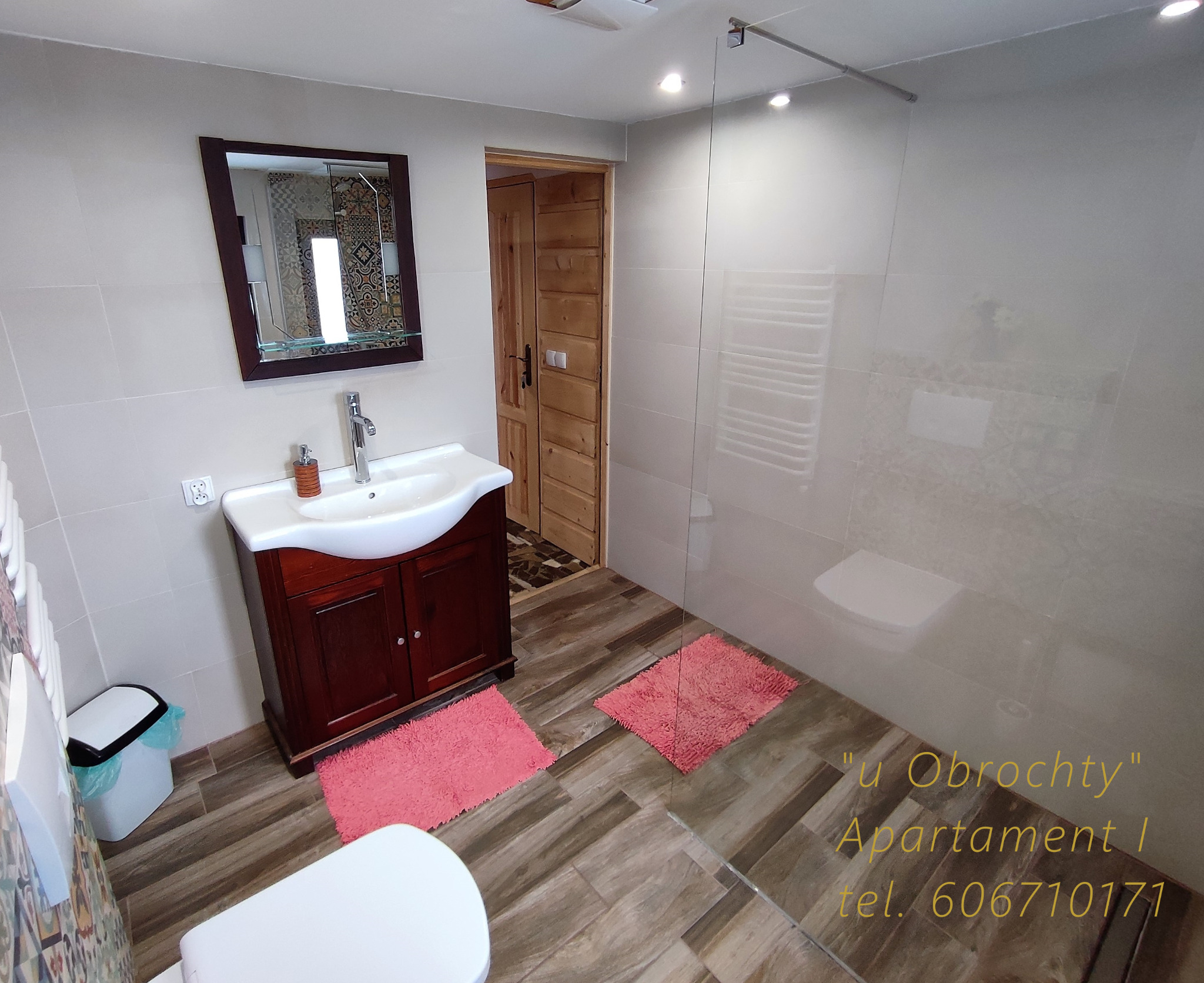 Jasna łazienka w apartamencie z umywalką na drewnianej szafce, lustrem w ciemnej ramie, kabiną prysznicową za szklaną ścianką i drewnianymi drzwiami w tle.