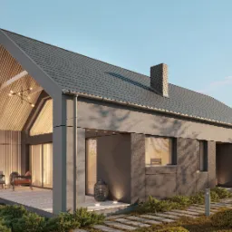 Nowoczesny dom jednorodzinny z szarą elewacją i drewnianym wykończeniem poddasza, oświetlony ścieżką z kamiennych płyt w ogrodzie.