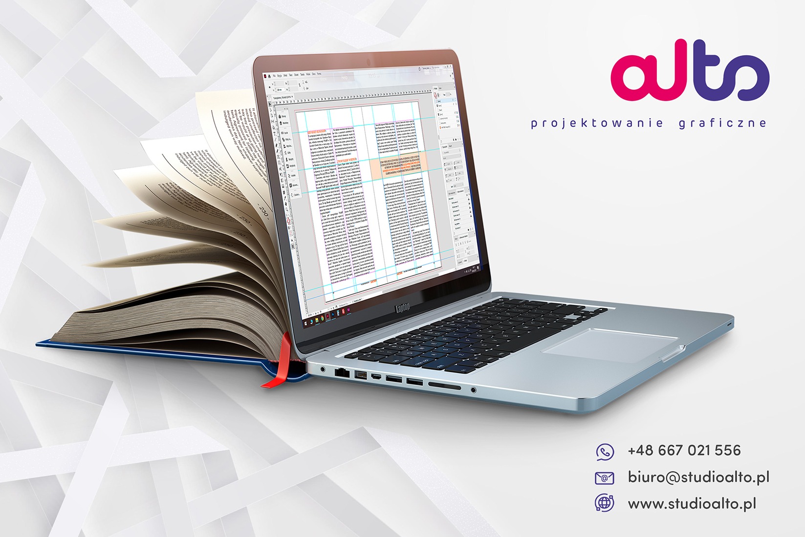 Laptop z otwartym programem do składu tekstu, umieszczony na otwartej książce z czerwoną zakładką, w tle logo firmy projektującej grafikę.