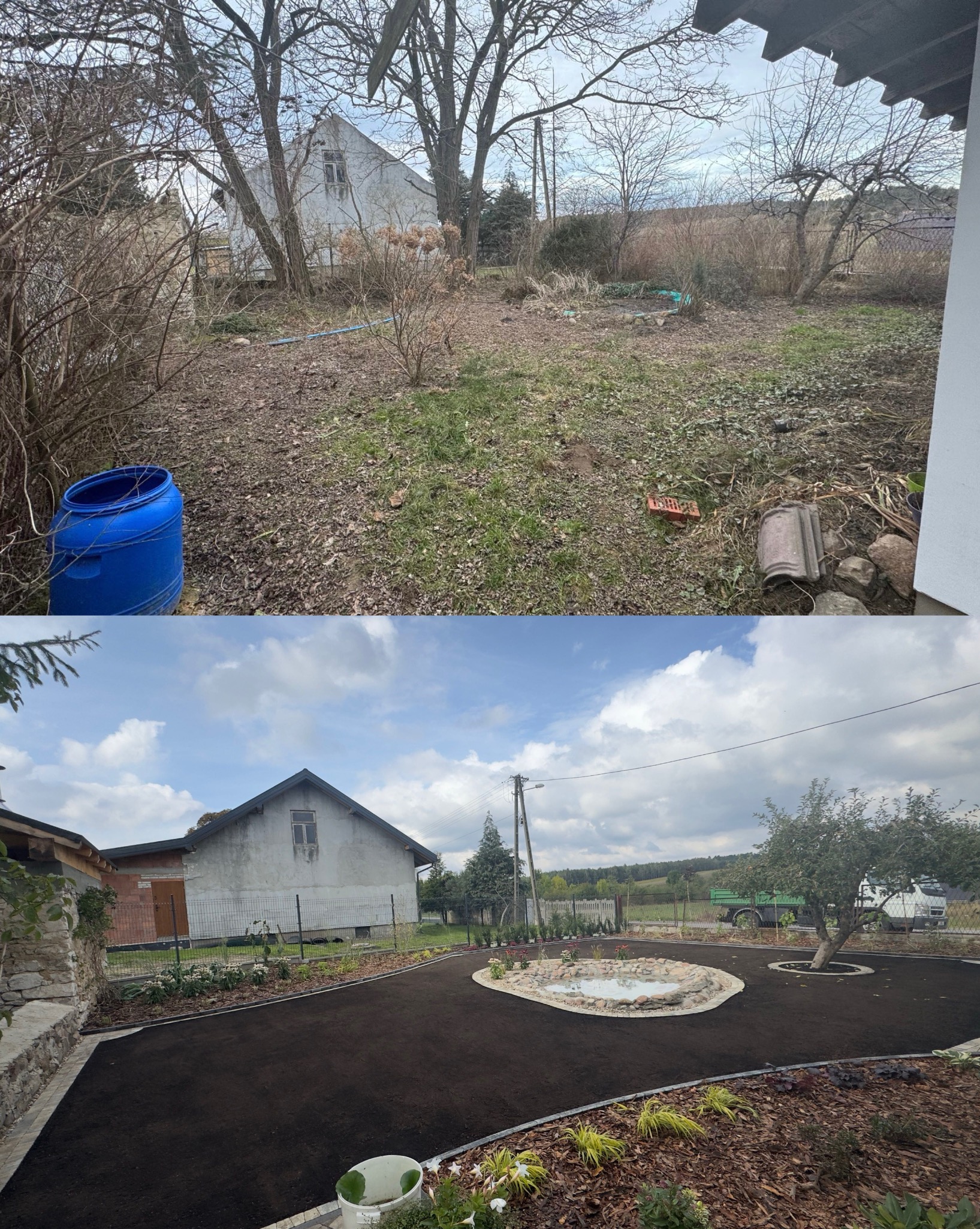 Zdjęcie 'przed i po' prezentujące transformację zaniedbanego ogrodu w uporządkowaną przestrzeń z oczkiem wodnym, świeżą ziemią i nowymi nasadzeniami. Widoczny kontrast i efekt końcowy.