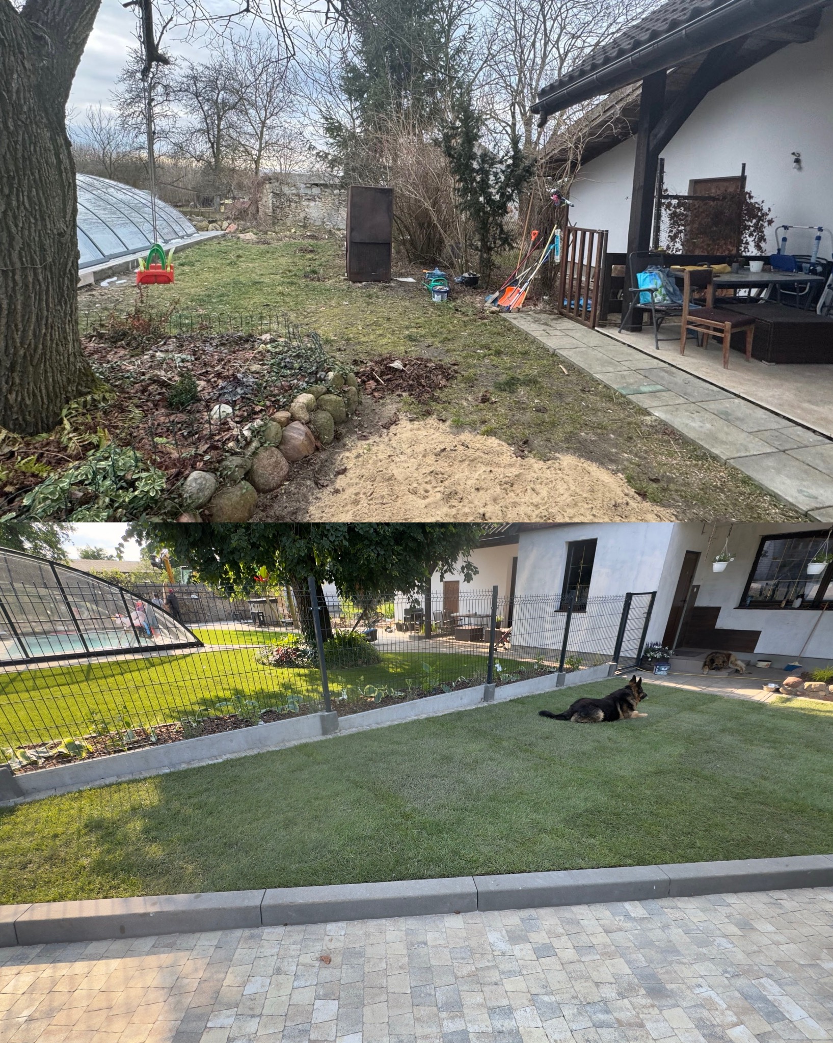 Zdjęcie 'przed i po' ukazujące metamorfozę ogrodu: zaniedbany teren z liśćmi i piaskiem kontra zadbany trawnik z ogrodzeniem i kostką brukową. W tle dom i basen.