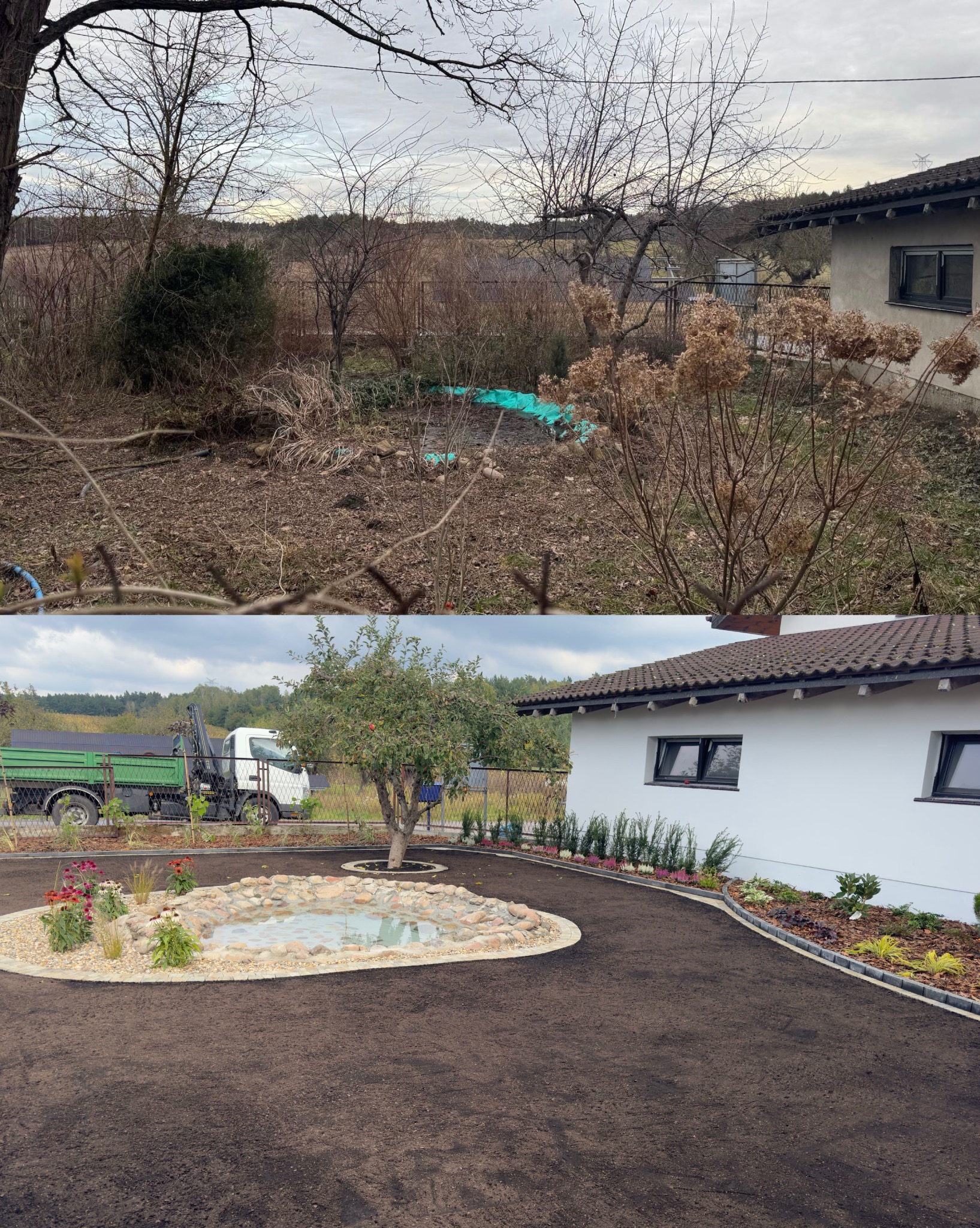 Zdjęcie 'przed i po' ukazujące transformację zaniedbanego ogrodu w zadbany teren z oczkiem wodnym, nową nawierzchnią i nasadzeniami. Widoczny budynek w tle.