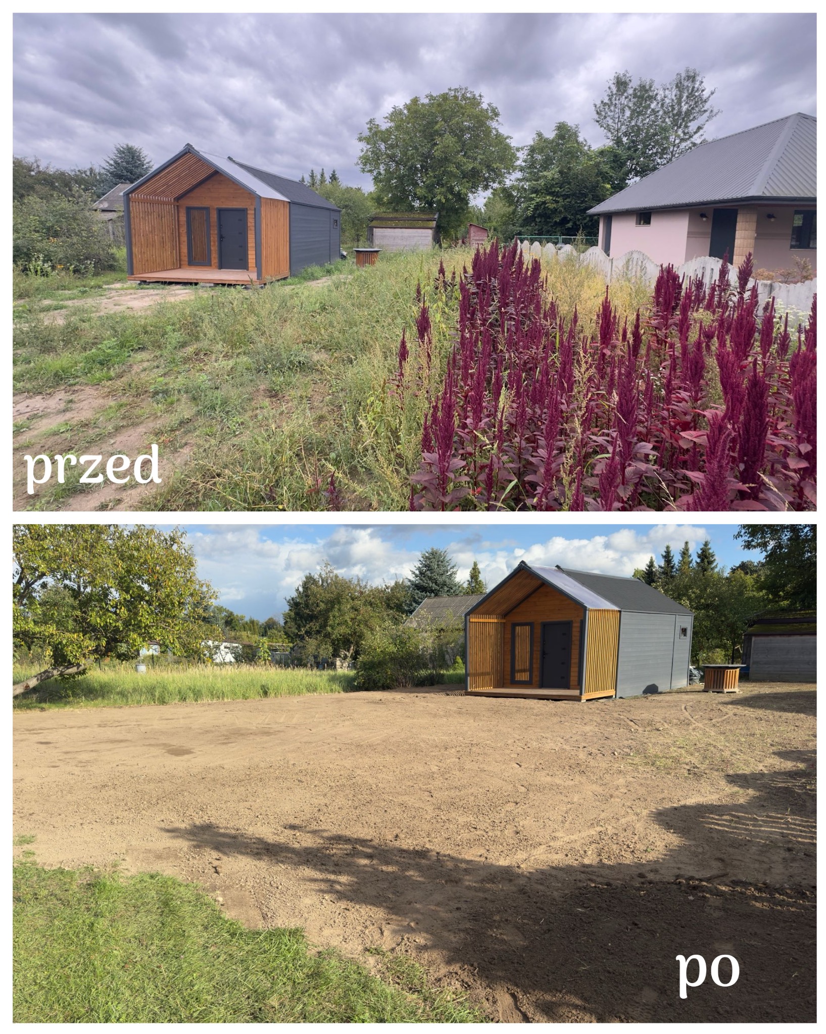 Zdjęcie 'przed i po' z małym domkiem: zarośnięty teren przed domkiem i wyrównany, przygotowany teren pod trawnik po. Widoczne drzewa i zabudowania w tle.