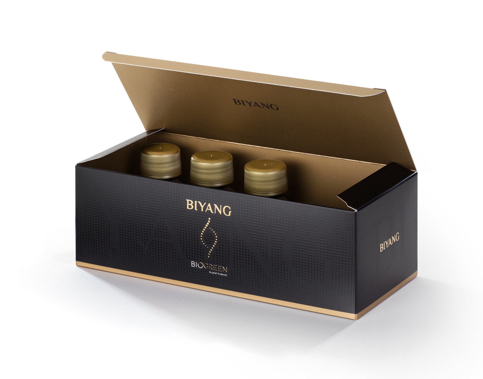 Otwarty, czarno-złoty karton z logo 'Biyang' i 'BioGreen', zawierający trzy złote pojemniki. Eleganckie opakowanie produktu, widok z góry, oświetlenie studyjne.