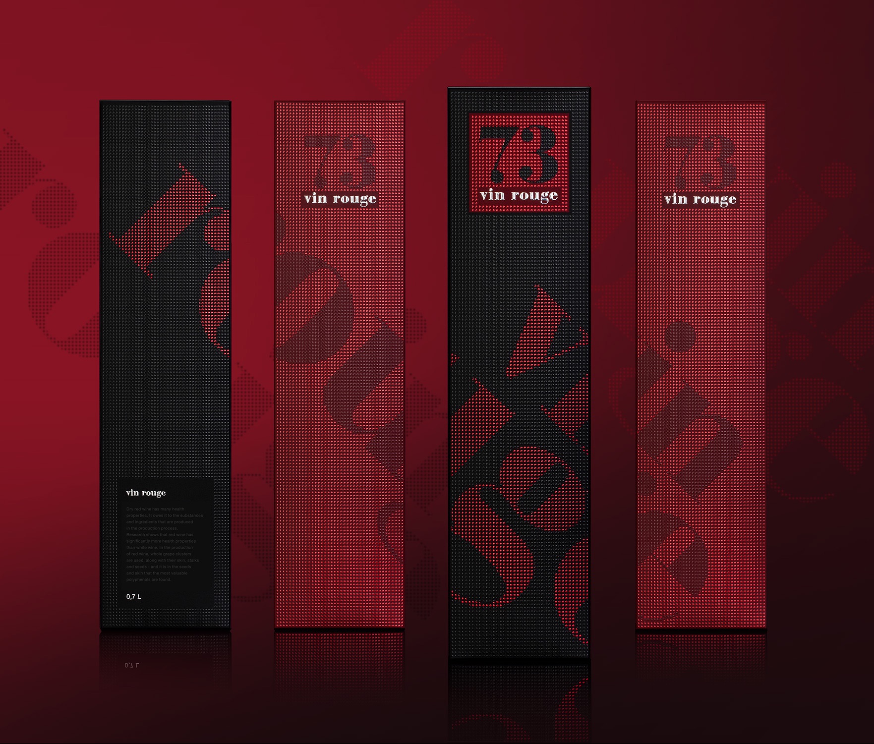 Eleganckie opakowania na wino 'vin rouge' z motywem numeru 73, w kolorach czerni i czerwieni, ustawione na ciemnym, refleksyjnym tle. Minimalistyczny design.