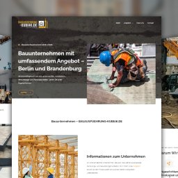 Adrian Wiczyński - Fragment strony internetowej firmy budowlanej z Berlina, prezentujący ofertę i realizacje, w tle zdjęcia z budowy i pracownik w trakcie pracy.