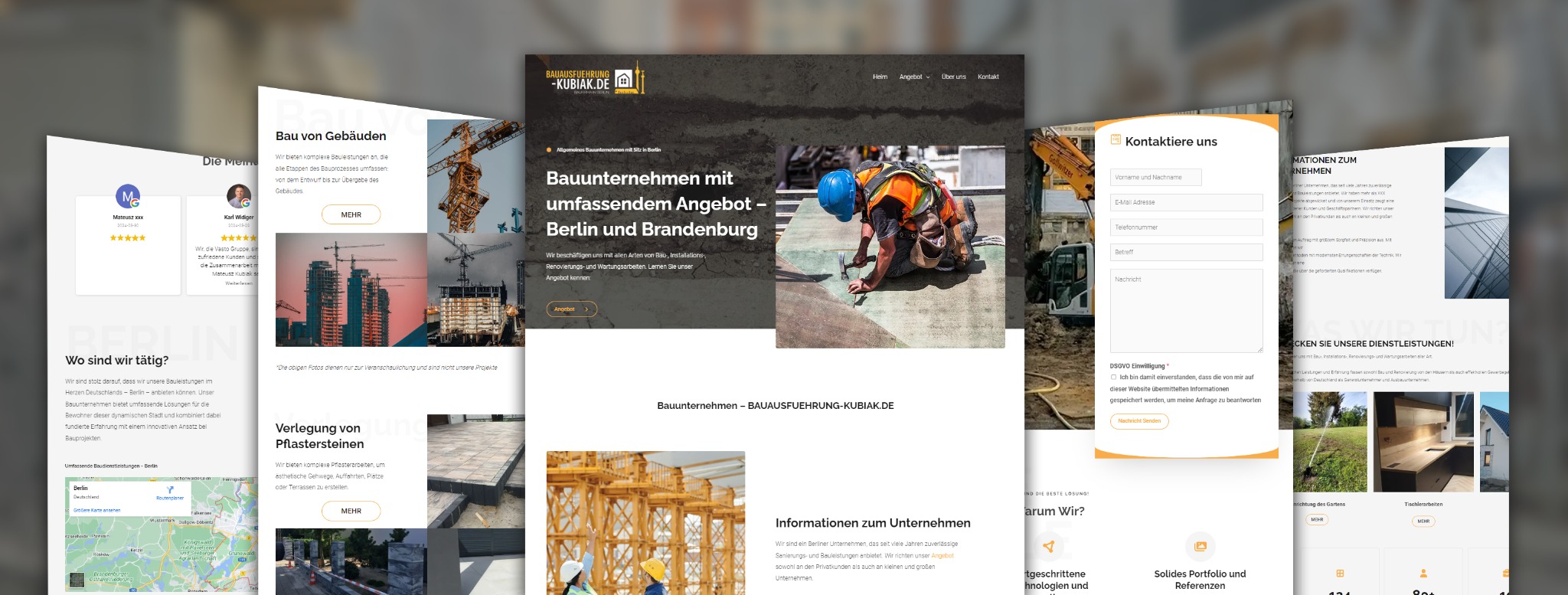 Fragment strony internetowej firmy budowlanej z Berlina, prezentujący ofertę i realizacje, w tle zdjęcia z budowy i pracownik w trakcie pracy.