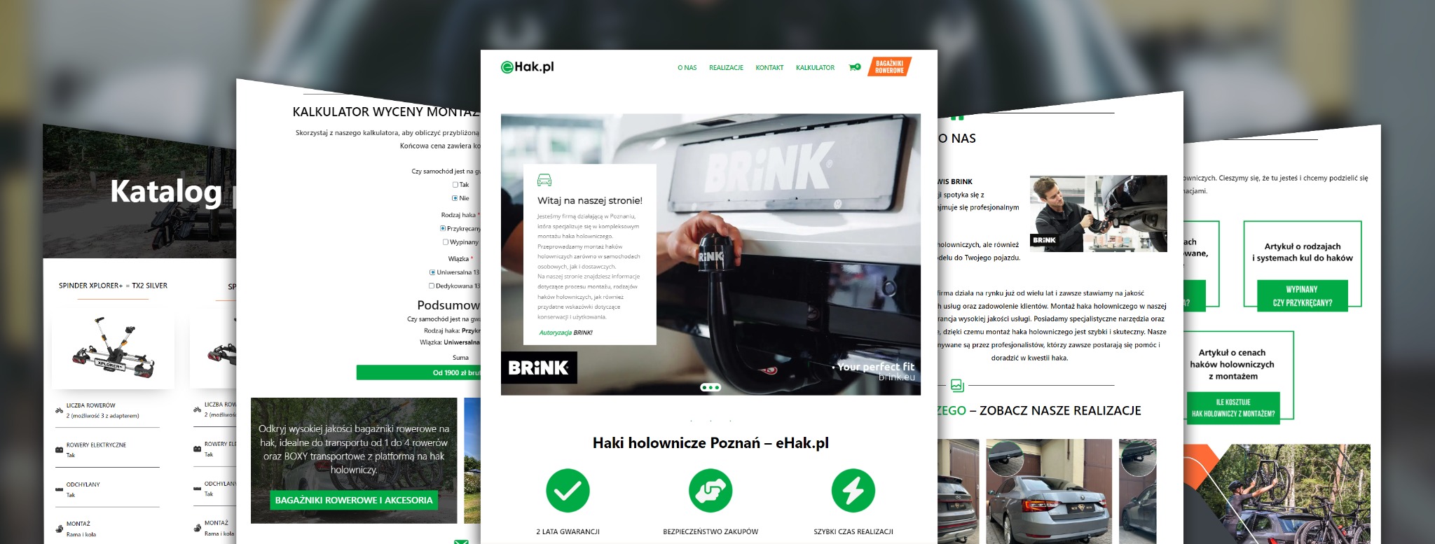 Strona internetowa firmy eHak.pl z kalkulatorem wyceny montażu haków holowniczych, informacjami o montażu haków Brink i bagażnikach rowerowych.