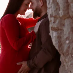 Ciężarna kobieta w czerwonej sukience i mężczyzna z brodą opierają się czołami o siebie przy skalnej ścianie w ciepłym świetle zachodzącego słońca.