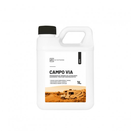 Biały plastikowy pojemnik z czarną nakrętką, etykieta z napisem 'CAMPO VIA' i ilustracją kampera na tle krajobrazu, profesjonalny środek do czyszczenia kamperów i przyczep kempingowych.