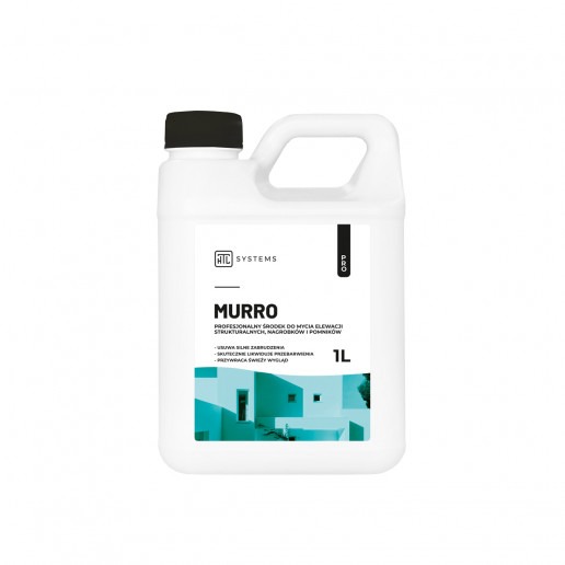 Biała plastikowa butelka z czarną zakrętką zawierająca profesjonalny środek do mycia elewacji, nagrobków i pomników firmy HTC Systems, z etykietą prezentującą minimalistyczny obraz architektoniczny...