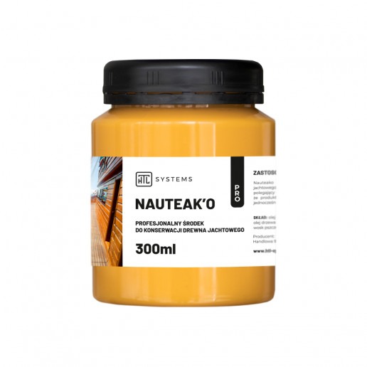 Żółty preparat do konserwacji drewna jachtowego Nauteak'o PRO w plastikowym słoiku z czarną zakrętką, na białym tle. Etykieta z informacjami o produkcie i logo producenta.