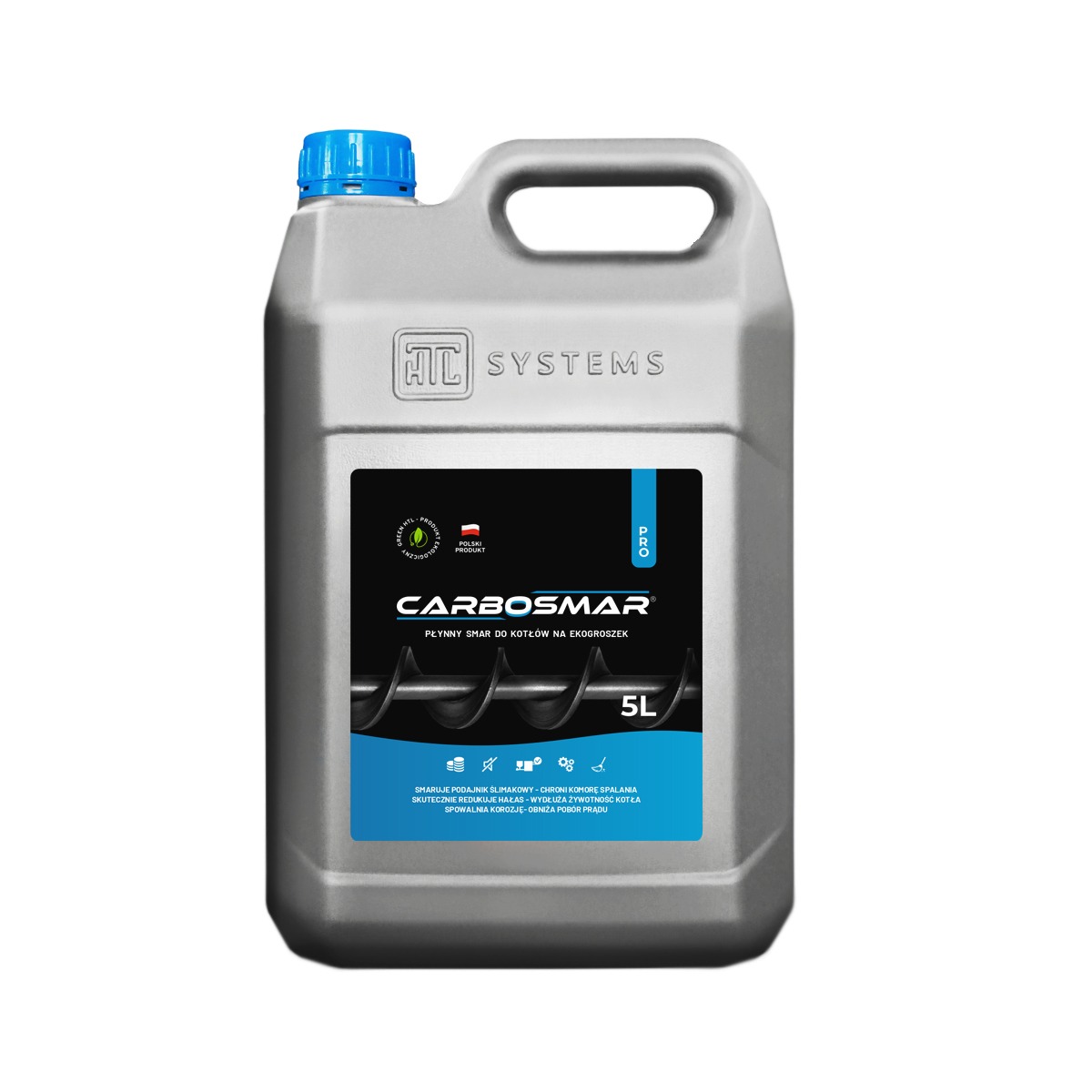 Szary kanister 5L z płynnym smarem Carbosmar do kotłów na ekogroszek, z niebieską zakrętką, logo producenta AC Systems i oznaczeniem 'Polski Produkt'.